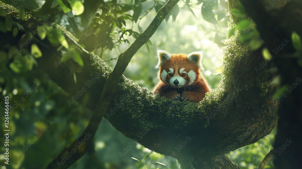 Red panda in the forest with wildlife amidst trees and nature, surrounded by green foliage Red panda in the forest with wildlife amidst trees and nature, surrounded by green foliage