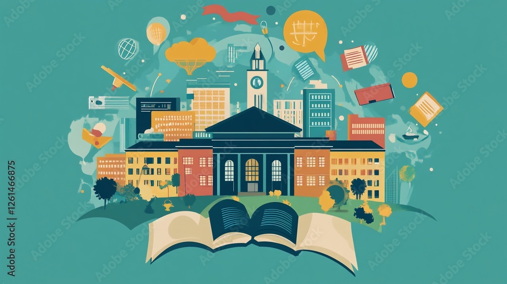 Fototapeta premium Education and Cityscape: Illustration of a vibrant learning environment