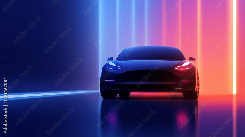 Electric car parking in futuristic neon garage setting Electric car parking in futuristic neon garage setting