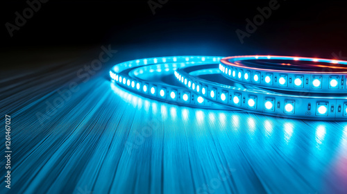 Led strip lights illuminating wooden surface with blue light