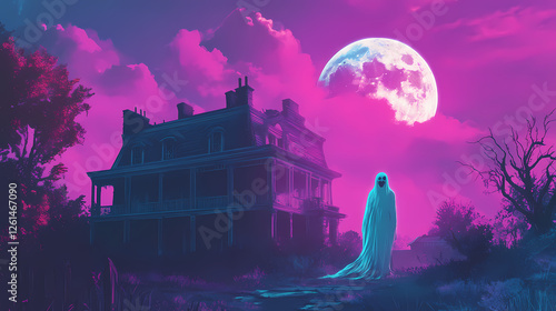 A chilling encounter illustration of a spooky phantom floating near an abandoned mansion under a full moon. Phantom Monarchs. Illustration photo