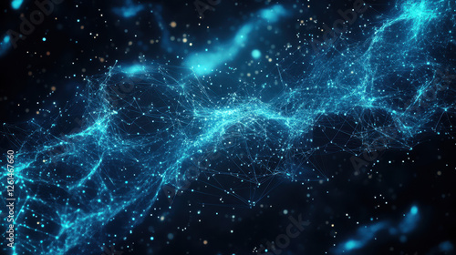 Abstract digital background with glowing blue particles and network connections on a dark background