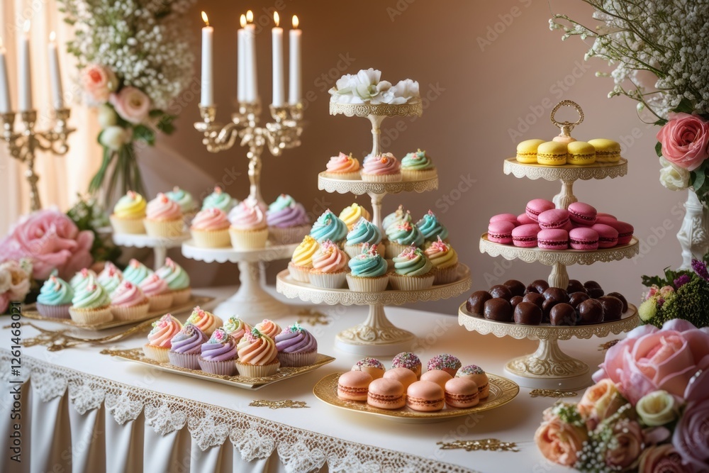 An elegant dessert table with lace, florals, and candelabras displays cupcakes, macarons, and truffles in warm natural light. An elegant dessert table with lace, florals, and candelabras displays cupcakes, macarons, and truffles in warm natural light.