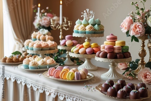 A refined dessert table adorned with lace, flowers, and candelabras showcases cupcakes, macarons, and truffles in soft, natural light. photo