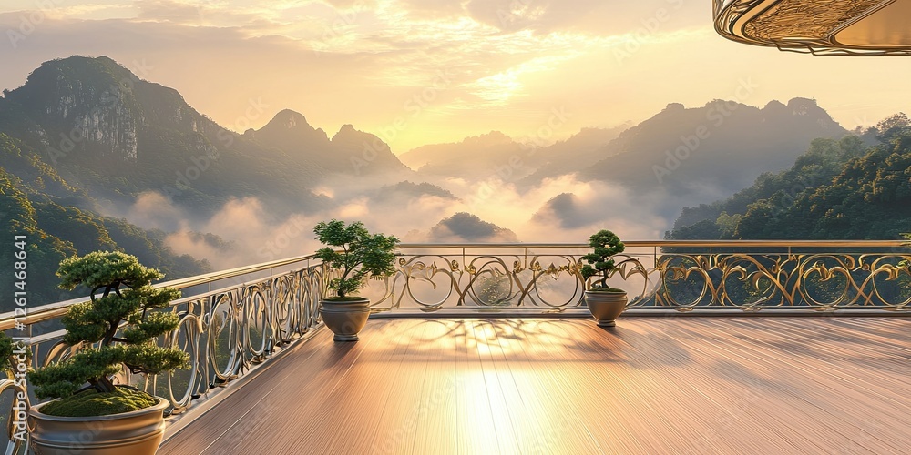 Fototapeta premium Serene Balcony View of Misty Mountain Landscape at Sunrise