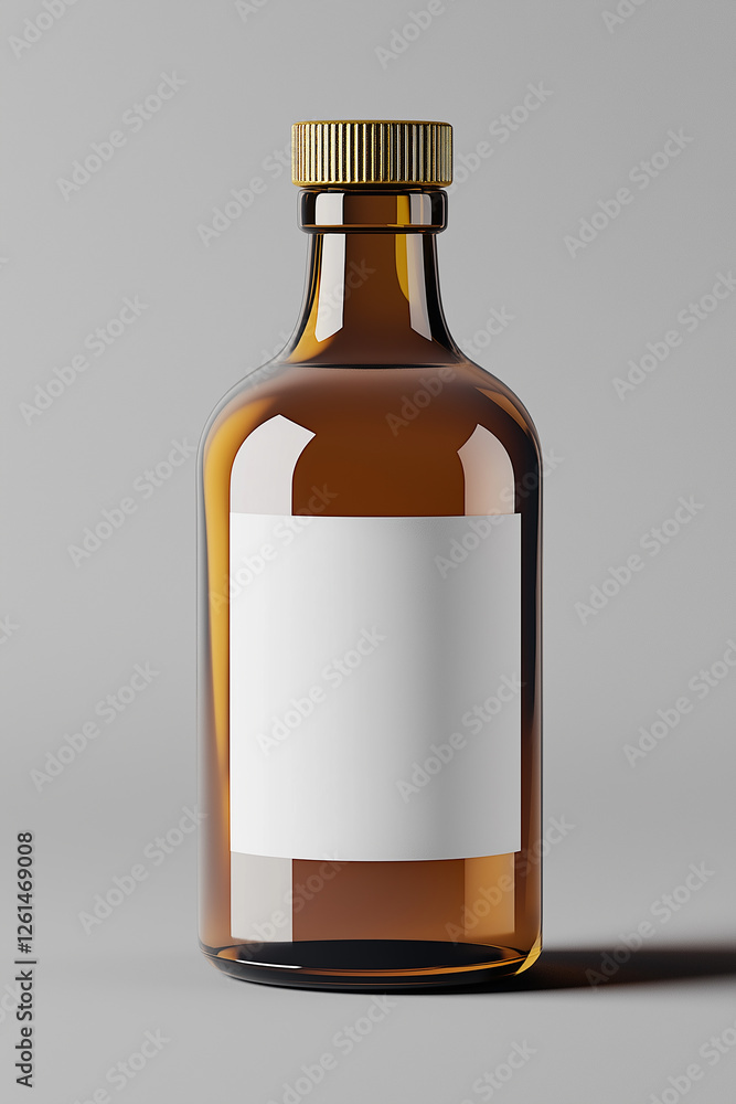 Amber glass bottle with blank label and gold cap standing on gray background Amber glass bottle with blank label and gold cap standing on gray background