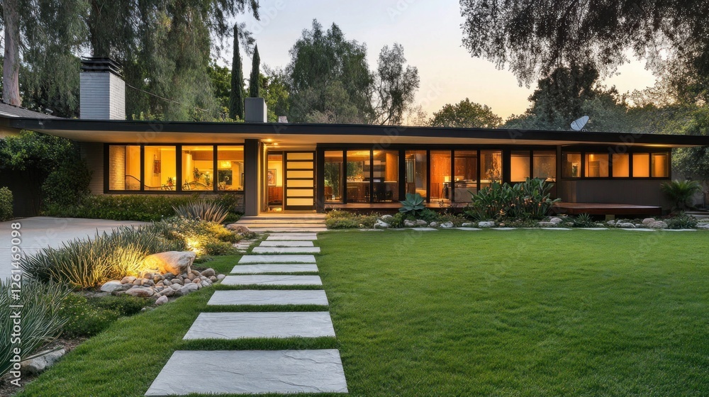Fototapeta premium Elegant mid-century modern home blending seamlessly with lush greenery
