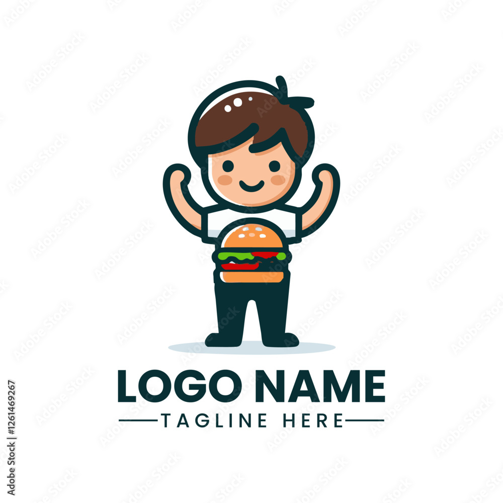 Boy Holding a Hamburger Fun Vector Logo Illustration Fast Food Mascot Design Boy Holding a Hamburger Fun Vector Logo Illustration Fast Food Mascot Design