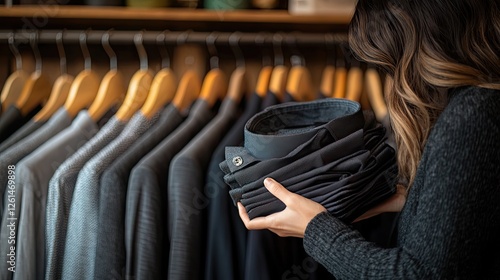 Woman examines folded shirts in clothing store photo