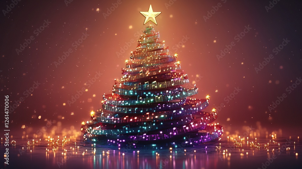 Colorful Christmas Tree with Star and Sparkling Lights Against a Dreamy Background Colorful Christmas Tree with Star and Sparkling Lights Against a Dreamy Background