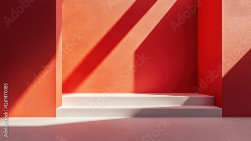 A minimalistic interior with red walls and white steps, showcasing light and shadow play.