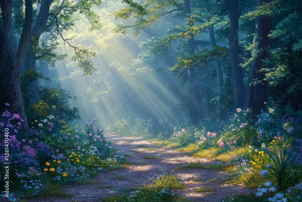 Fototapeta premium Sunlight beams illuminate a serene forest pathway adorned with colorful wildflowers, creating a peaceful atmosphere at dawn. Generative AI