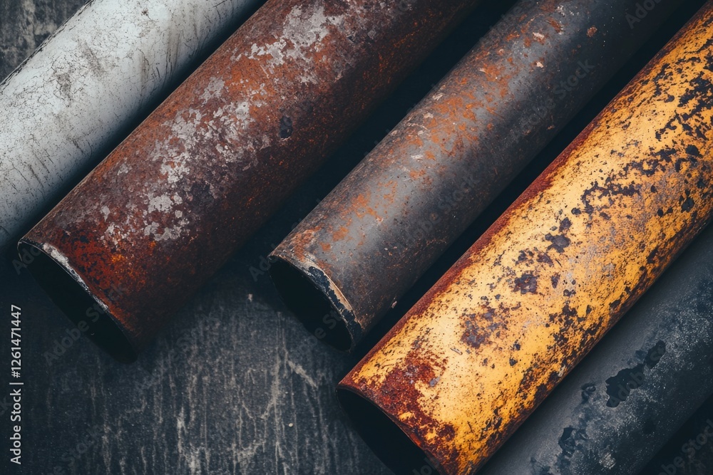 A collection of rusty metal pipes showcases various hues and textures laid out on a dark background, emphasizing industrial decay. Generative AI A collection of rusty metal pipes showcases various hues and textures laid out on a dark background, emphasizing industrial decay. Generative AI