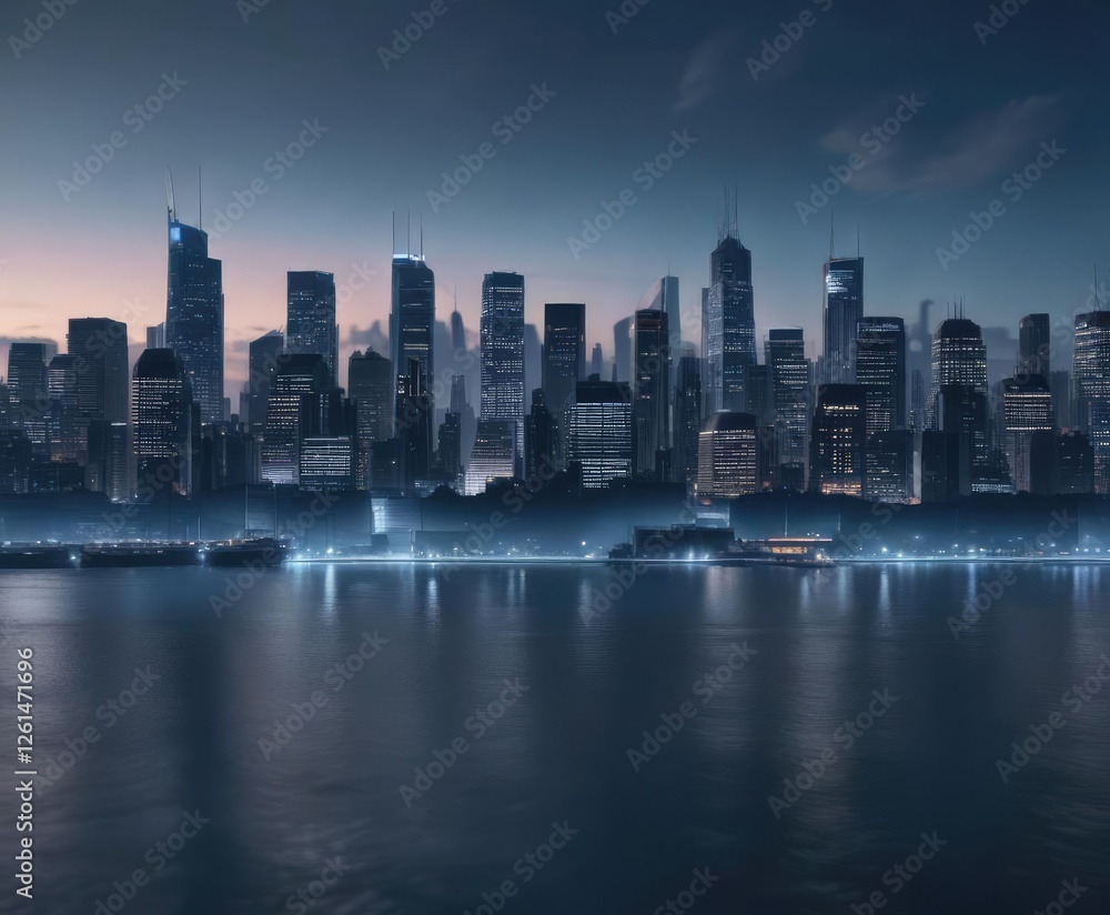 Fototapeta premium Darkened blue gradient with blurred cityscape, , blurred architecture