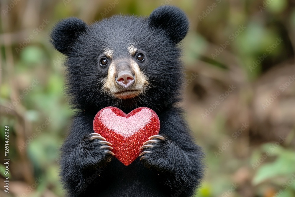 Cute himalayan black bear baby with sparkling rhinestones red heart on in a natural habitat. Himalayan black bear - my cherished animal. Marketing animal concept art design idea. Wild love. Cute himalayan black bear baby with sparkling rhinestones red heart on in a natural habitat. Himalayan black bear - my cherished animal. Marketing animal concept art design idea. Wild love.