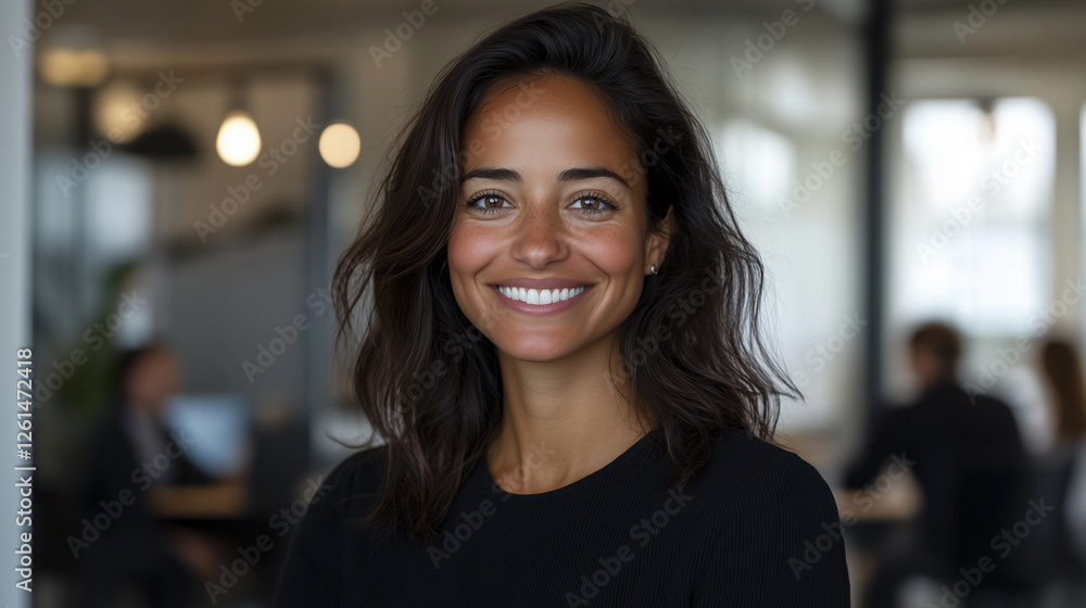 smiling woman with long, wavy hair in modern office setting, exuding confidence and warmth. smiling woman with long, wavy hair in modern office setting, exuding confidence and warmth.