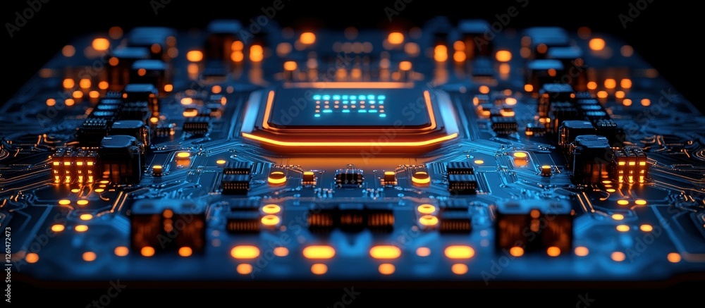 Futuristic Circuit Board with Glowing Components and Blue Light Effects