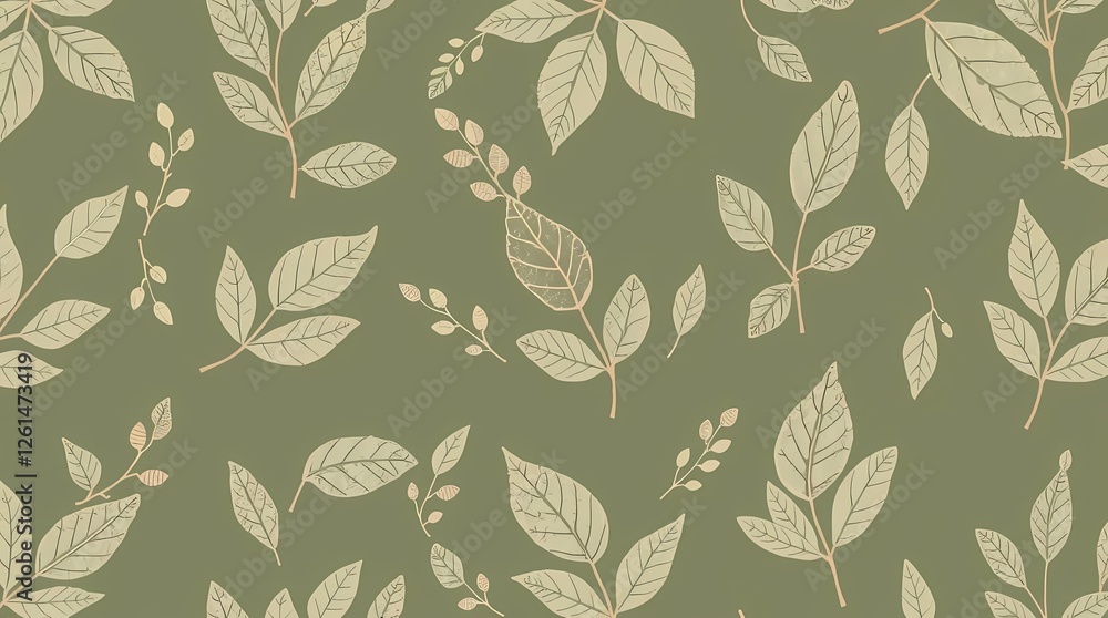 Fototapeta premium A subtle seamless pattern of delicate hand-drawn leaves in muted greens and browns, exhibiting a botanical illustration style, with fine details and a naturalistic feel.