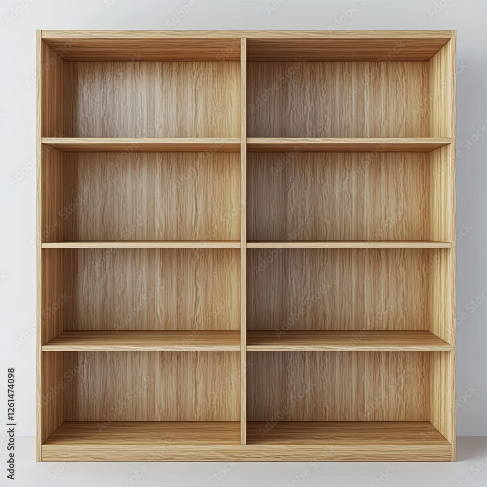 Empty light wooden bookcase against a white wall Empty light wooden bookcase against a white wall