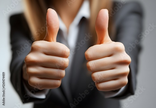 Businesswoman shows two thumbs up gesture of approval photo