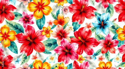 A vibrant seamless pattern featuring a kaleidoscope of tropical flowers in a watercolor style, showcasing a profusion of bold colors like hibiscus red, mango orange, and turquoise, arr. photo