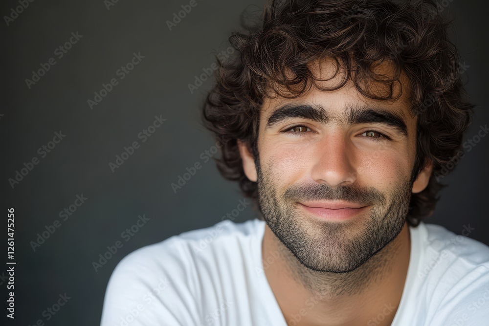 Obraz premium Close-up portrait of a smiling man with curly brown hair and a beard. Ideal for projects needing a friendly, approachable male image.