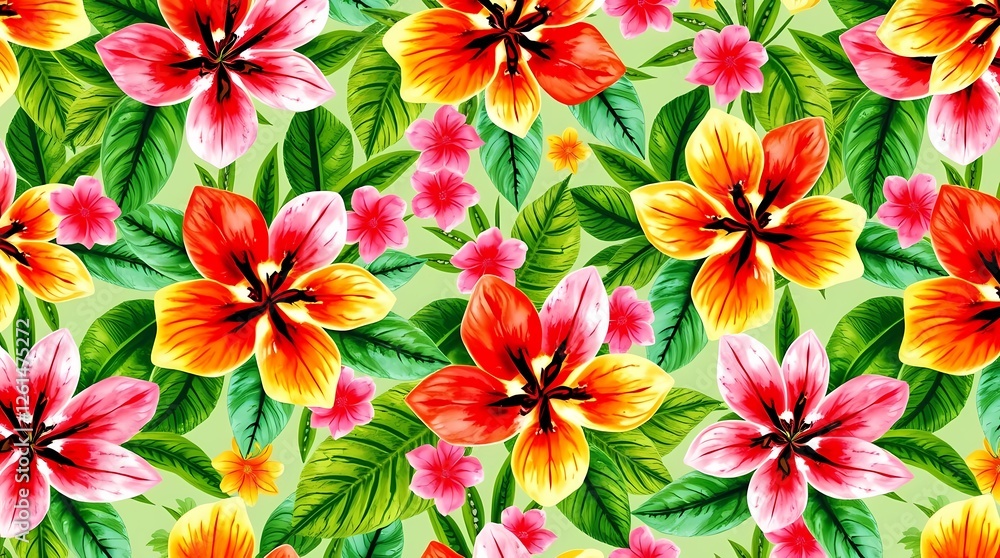 A vibrant seamless pattern featuring a kaleidoscope of tropical flowers in bold hues of pink, orange, yellow, and green, rendered in a watercolor style with soft edges and a slightly i. A vibrant seamless pattern featuring a kaleidoscope of tropical flowers in bold hues of pink, orange, yellow, and green, rendered in a watercolor style with soft edges and a slightly i.
