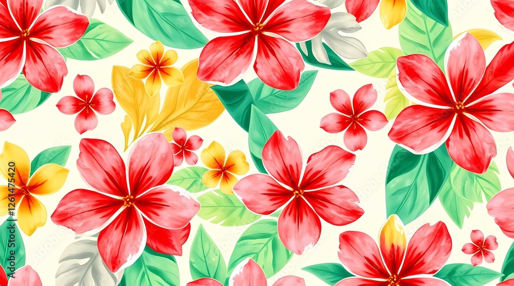 A vibrant seamless pattern featuring a repeating motif of stylized tropical flowers in hues of coral pink, sunshine yellow, and emerald green, rendered in a watercolor style with soft . A vibrant seamless pattern featuring a repeating motif of stylized tropical flowers in hues of coral pink, sunshine yellow, and emerald green, rendered in a watercolor style with soft .