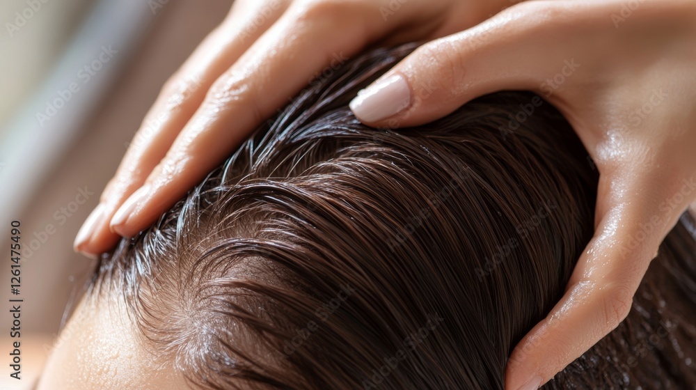 Obraz premium Relaxing scalp massage with nourishing oil in a serene spa environment for rejuvenation and stress relief
