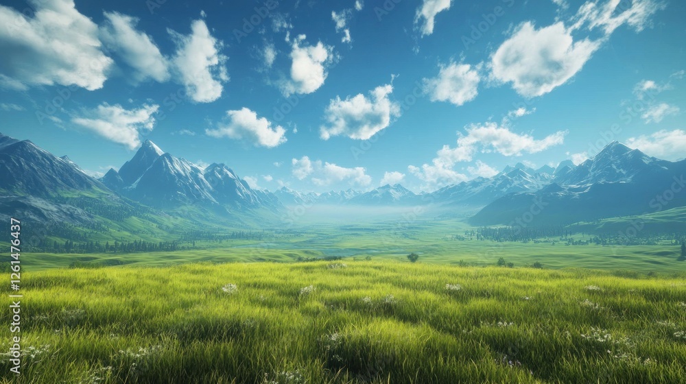 Scenic mountain vista with lush meadow and clear cerulean skies Scenic mountain vista with lush meadow and clear cerulean skies