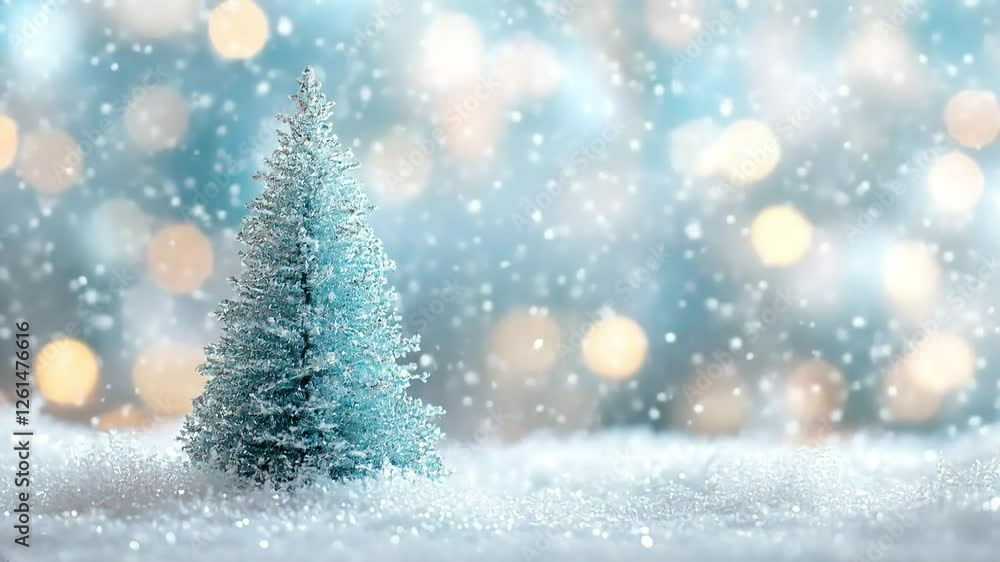 Snowy scene, miniature blue Christmas tree, bokeh lights, winter holiday card Snowy scene, miniature blue Christmas tree, bokeh lights, winter holiday card