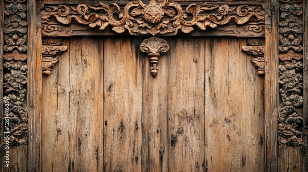 A rustic wooden gate adorned with intricate carvings A rustic wooden gate adorned with intricate carvings