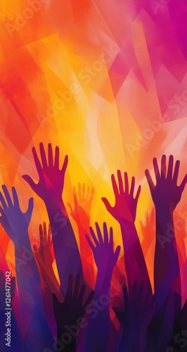 Hands Raised in Celebration, Abstract Colorful Background