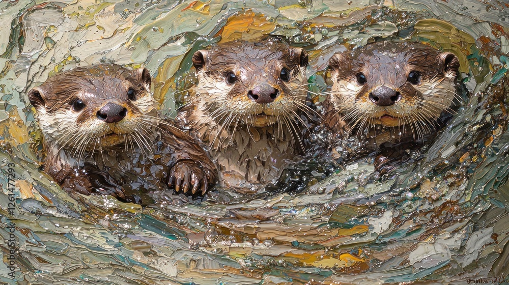 Three Playful Otters in a Natural Water Habitat Captivating Scene Three Playful Otters in a Natural Water Habitat Captivating Scene