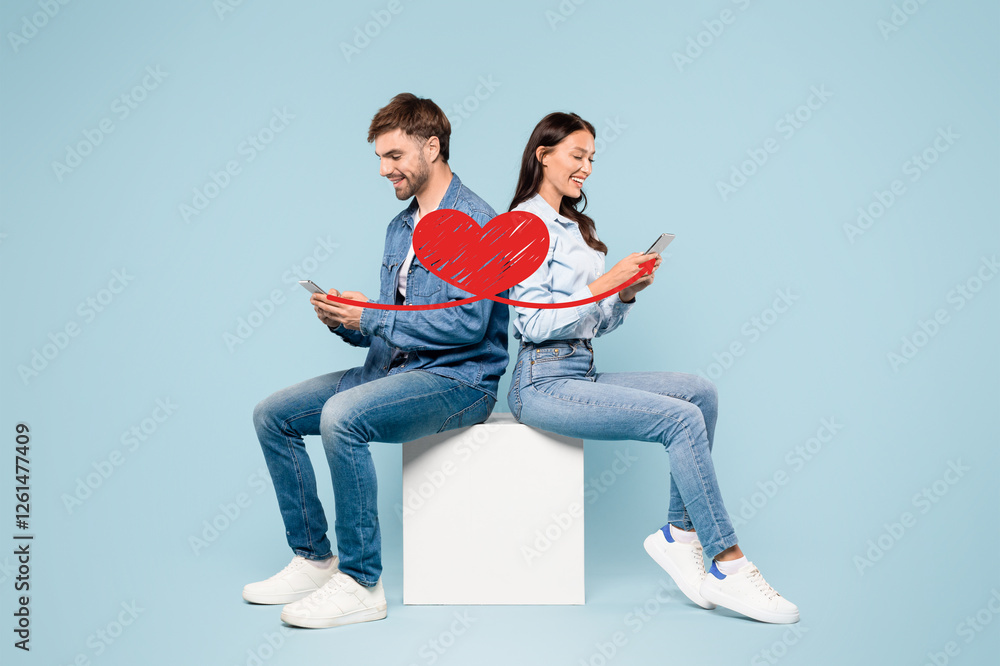 A couple sits back to back, immersed in their smartphones on St. Valentines Day. Each is sending affectionate messages while celebrating their love in a playful, isolated setting. A couple sits back to back, immersed in their smartphones on St. Valentines Day. Each is sending affectionate messages while celebrating their love in a playful, isolated setting.
