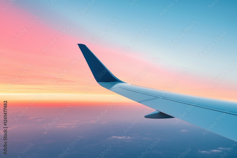 Sunset View from Airplane Wing Over Colorful Sky at Dusk Sunset View from Airplane Wing Over Colorful Sky at Dusk