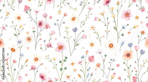 A watercolor seamless pattern of delicate wildflowers in soft pastel hues, with a painterly style featuring visible brushstrokes and a slightly loose composition, showcasing a variety .