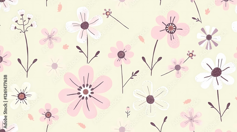 A whimsical seamless pattern of hand-drawn flowers in soft pastel shades pink, lavender and mint green, exhibiting a naive folk art style with a slightly off-kilter, charming aesthetic. A whimsical seamless pattern of hand-drawn flowers in soft pastel shades pink, lavender and mint green, exhibiting a naive folk art style with a slightly off-kilter, charming aesthetic.