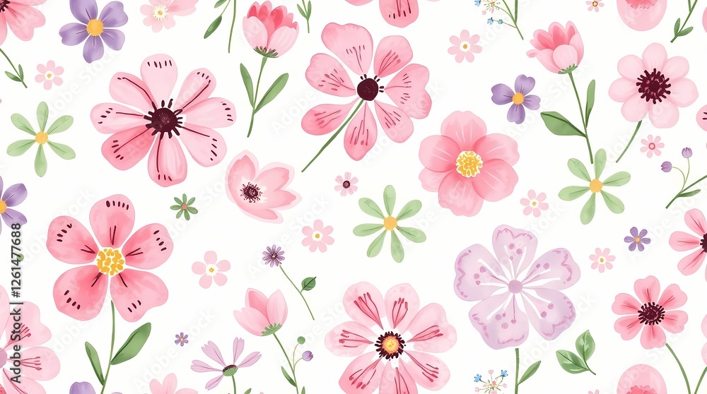 A whimsical seamless pattern of hand-drawn flowers in various shades of pink, purple, and green on a white background, created with a watercolor brush, utilizing a soft, romantic aesth. A whimsical seamless pattern of hand-drawn flowers in various shades of pink, purple, and green on a white background, created with a watercolor brush, utilizing a soft, romantic aesth.