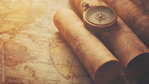 Vintage compass on rolled maps, vintage world map background photo