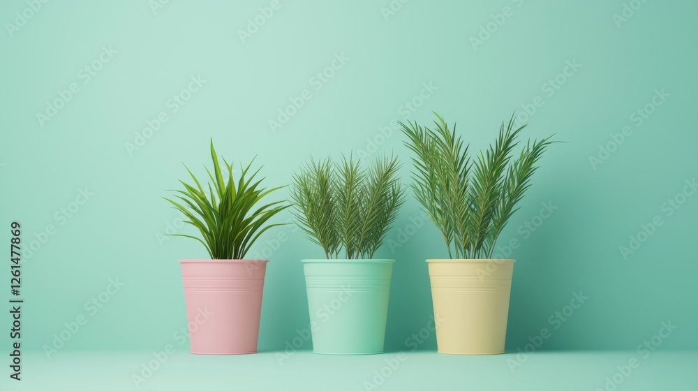 Obraz premium Lush Indoor Plants in Colorful Pots on a Soft Pastel Background