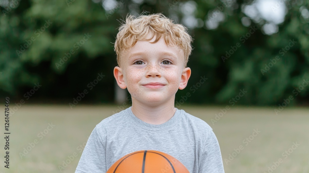Boy smiles holding basketball outdoors, park background; kids sports Boy smiles holding basketball outdoors, park background; kids sports