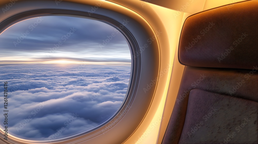 Naklejka premium Airplane window view of a stunning sunset over a sea of clouds. Warm light illuminates a luxurious airplane seat, offering a tranquil travel experience.