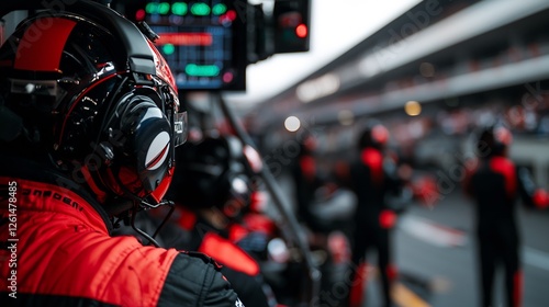 Formula One Pit Crew Members In Red And Black Uniforms Working On Vehicle