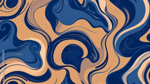 An abstract seamless pattern of swirling lines and organic shapes in a monochromatic palette of deep blues and indigos, rendered in a flowing, painterly style, with visible brushstroke. photo