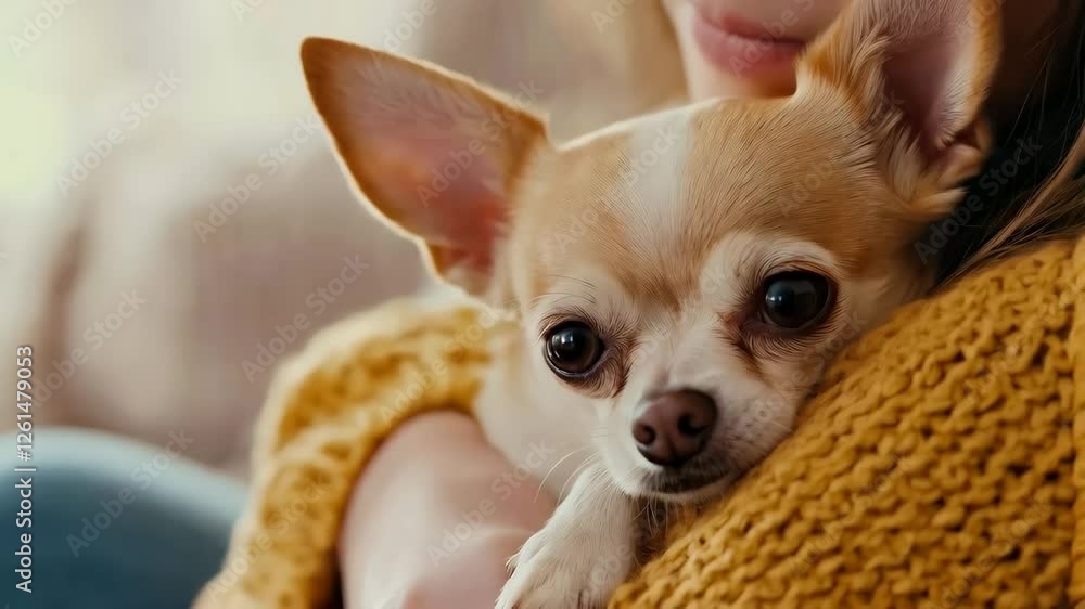 Petite chihuahua nestling softly in woman's embrace, cuddling close with loving connection inside warm home interior, displaying tender pet owner relationship Petite chihuahua nestling softly in woman's embrace, cuddling close with loving connection inside warm home interior, displaying tender pet owner relationship