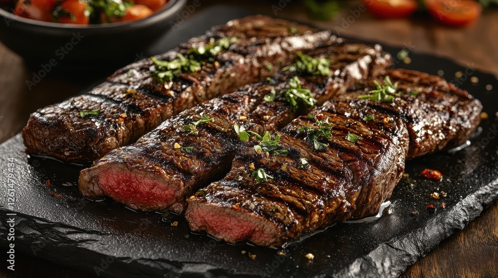 Grilled flank steaks, seasoned and sliced, rest on a dark stone. Perfect for menus, food blogs, or restaurant websites showcasing delicious grilled meat dishes. Grilled flank steaks, seasoned and sliced, rest on a dark stone. Perfect for menus, food blogs, or restaurant websites showcasing delicious grilled meat dishes.