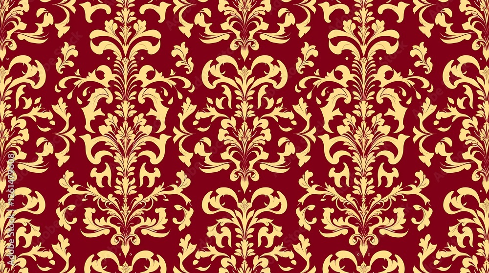 An elegant seamless pattern featuring stylized damask designs in deep burgundy and gold, rendered in a detailed vector style, reminiscent of luxurious textiles. An elegant seamless pattern featuring stylized damask designs in deep burgundy and gold, rendered in a detailed vector style, reminiscent of luxurious textiles.