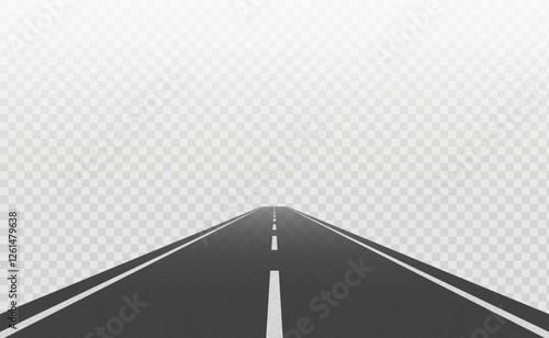 Perspective view of road going far away. Empty highway with marking stretching into distance. Traveling, trip, forward movement, future concept. Vector EPS 10
