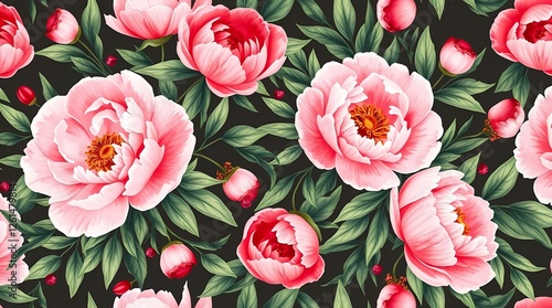 Fototapeta Naklejka Na Ścianę i Meble -  An elegant seamless pattern of blooming peonies and delicate foliage, executed in a watercolor style, showcasing soft pinks, deep reds, and lush greens.